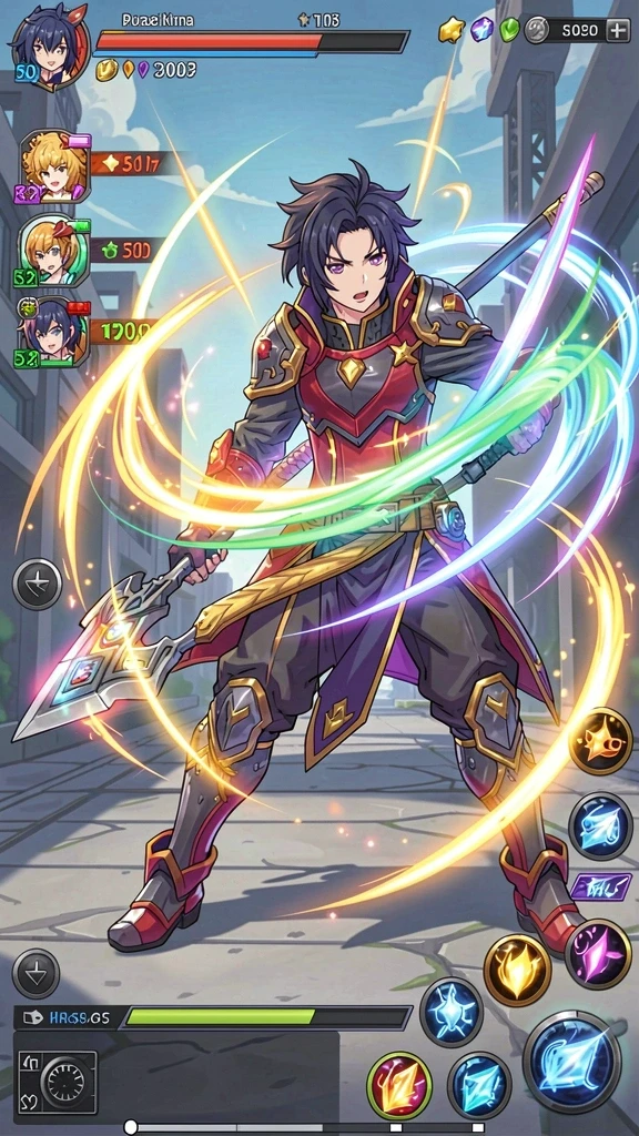 Screenshot menggambarkan karakter utama dalam aksi heroik.